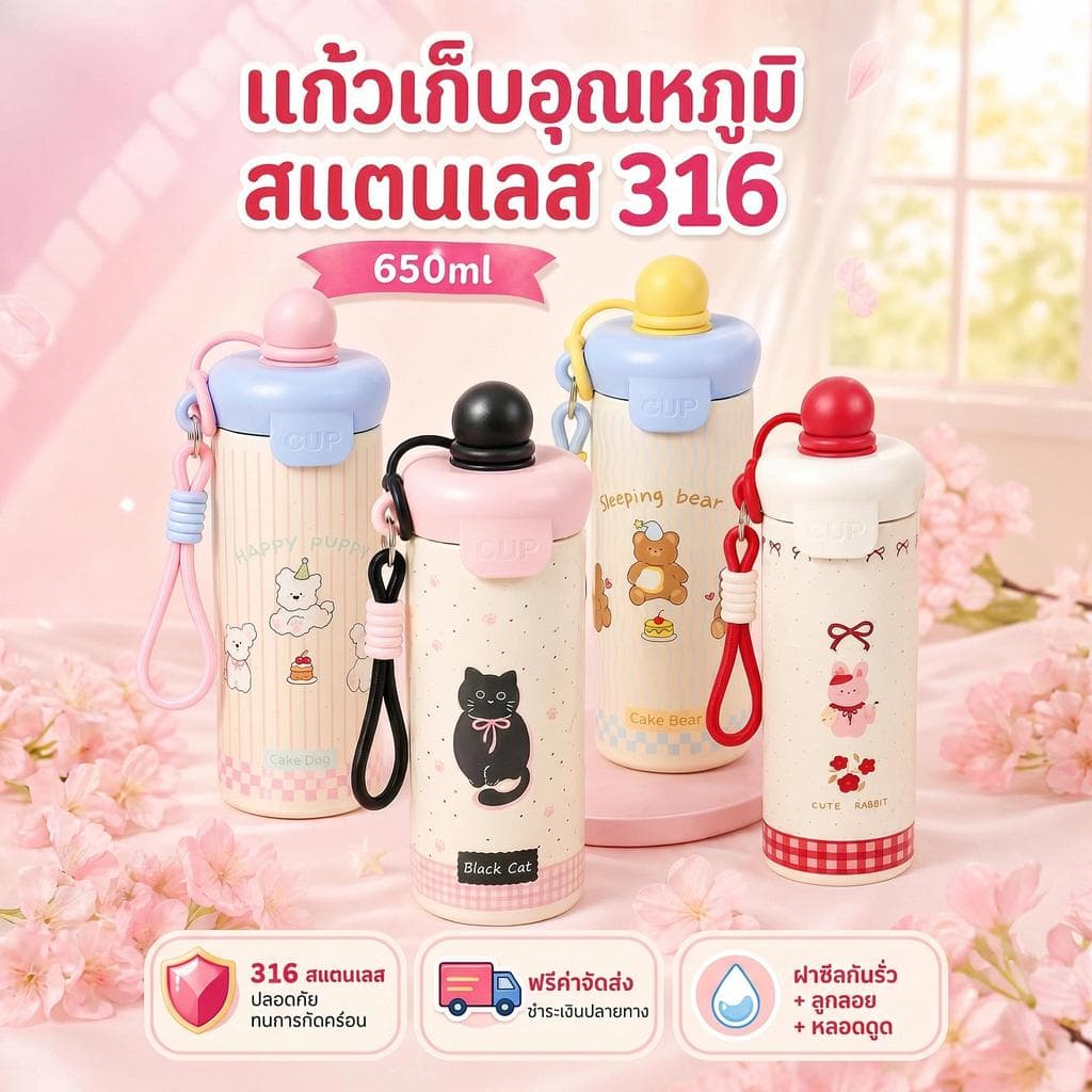 COD กระติกน้ำร้อนสแตนเลส 316 ความจุ 650ml มีฝาปิดกันรั่ว ความจุใหญ่ เก็บความเย็นได้ด้วย รูปที่ 2