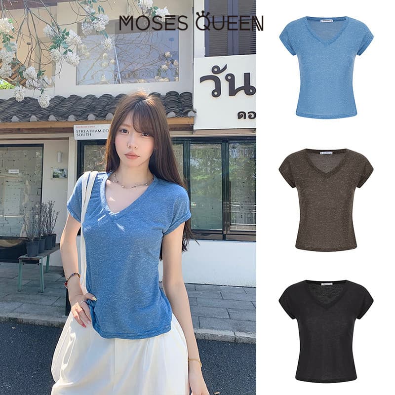 < MOSESQUEEN > มอสส์ ราชินี เสื้อยืดคอวีแขนสั้นหลากสีทรงหลวมสําหรับฤดูร้อนเหมาะกับการลดอายุและชุดลําลอง #63719 รูปที่ 2