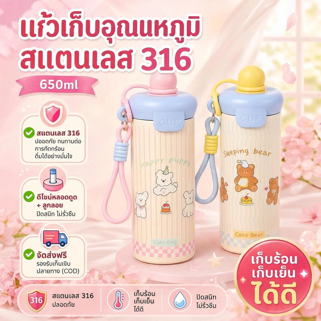 COD กระติกน้ำร้อนสแตนเลส 316 ความจุ 650ml มีฝาปิดกันรั่ว ความจุใหญ่ เก็บความเย็นได้ด้วย รูปที่ 1
