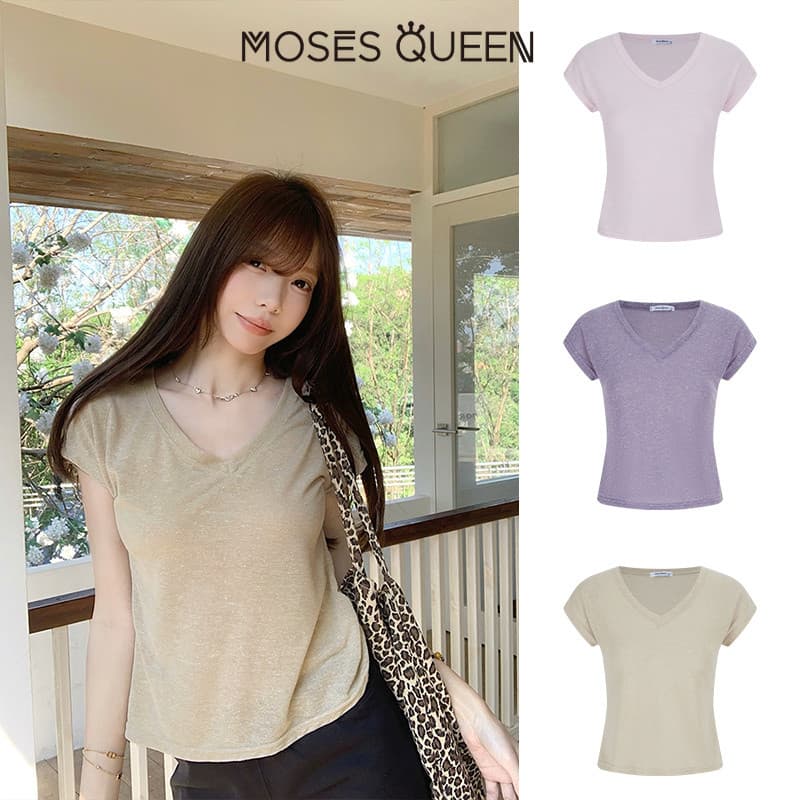 < MOSESQUEEN > มอสส์ ราชินี เสื้อยืดคอวีแขนสั้นหลากสีทรงหลวมสําหรับฤดูร้อนเหมาะกับการลดอายุและชุดลําลอง #63719 รูปที่ 4