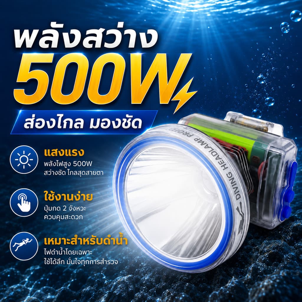 ไฟฉายเดินป่า ไฟฉายคาดหัว LED ดำน้ำลึก 50 เมตร กู้ภัย ก่อสร้าง หม้อแบต ส่องกบ หัวไฟชาร์จแบตได้ รูปที่ 2