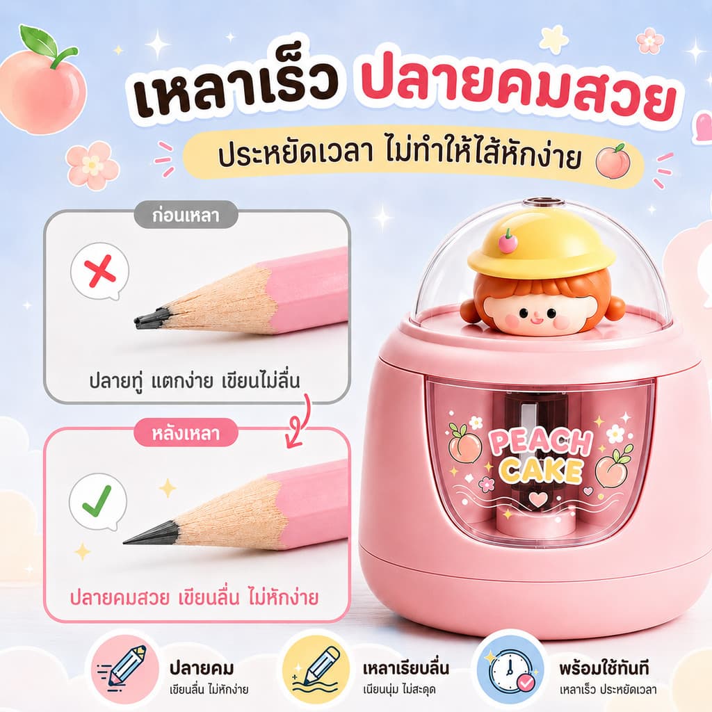 เครื่องเหลาดินสอไฟฟ้า ลายน่ารัก ใช้ถ่าน AA 3 ก้อน กบเหลาดินสออัตโนมัติ สำหรับนักเรียน เครื่องเขียนเด็ก รูปที่ 6