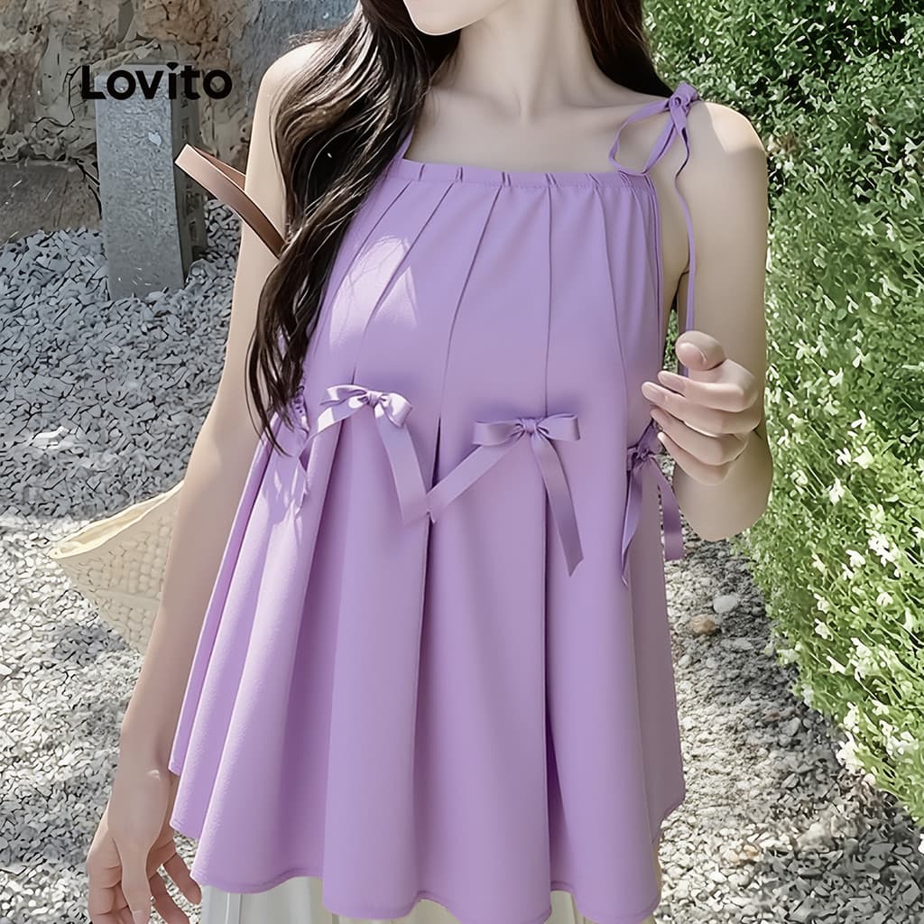 Lovito แคชชวล เสื้อเชิ้ตผู้หญิง ดีไซน์ผูกเชือกด้านหน้า ฤดูใบไม้ผลิ/ฤดูร้อน สีม่วง L171ED514 รูปที่ 3