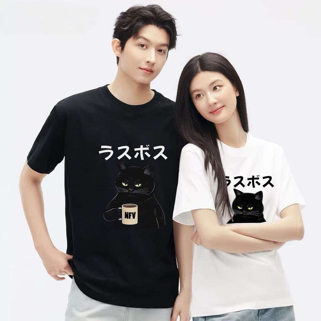 BKK Vibeทรงโอเวอร์ไซส์ เสื้อยืด ใส่ได้ทั้งชายหญิง เสื้อ ผ้าฝ้ายแท้100% ลายแมวดำ คอกลม แขนสั้น รูปที่ 6