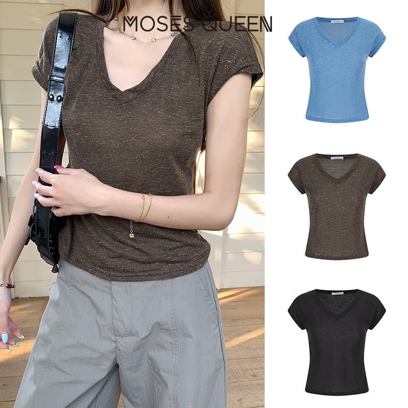 < MOSESQUEEN > มอสส์ ราชินี เสื้อยืดคอวีแขนสั้นหลากสีทรงหลวมสําหรับฤดูร้อนเหมาะกับการลดอายุและชุดลําลอง #63719 รูปที่ 7
