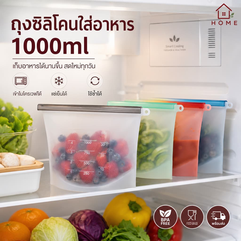 Home007 ถุงซิลิโคนใส่อาหาร 1000ml. สูญญากาศ สำหรับใส่อาหาร เก็บอาหาร ช่วยรักษาความสดใหม่ ฟู้ดเกรด รูปที่ 1