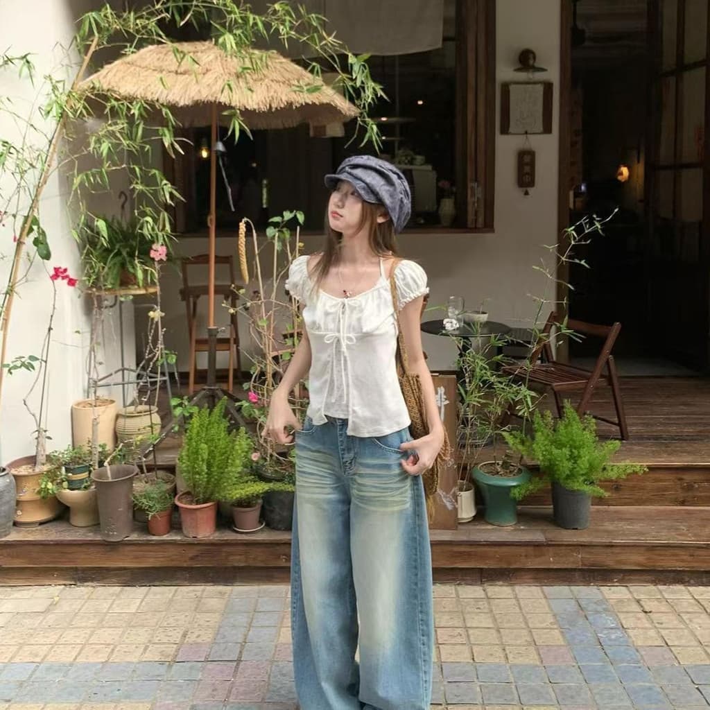 Veewink เสื้อยืดแขนพอง ผูกคอ ลายดอกไม้ ลูกไม้ระบาย ลุคใสเซ็กซี่ สาวหวาน รูปที่ 9