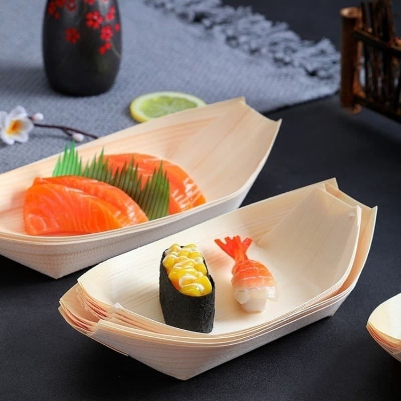 50 ชิ้น/แพ็ค ถาดเรือไม้เยื่อสำหรับซูชิและทาโกยากิ เรือซูชิไม้ทิ้ง กระทงไม้ทรงเรือ กระทงเยื่อไม้ ถาดซูชิ รูปที่ 6
