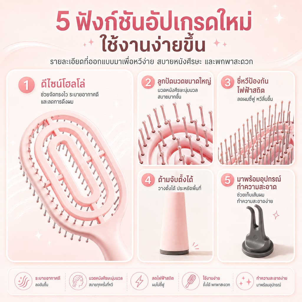 MINISO หวีแปรงผม หวีกระดูก ทำให้ผมฟู ถนอมเส้นผมและรากผม ป้องกันไฟฟ้าสถิตย์ พร้อมแปรงล้าง พกพาสะดวก ทำความสะอาดง่าย รูปที่ 7