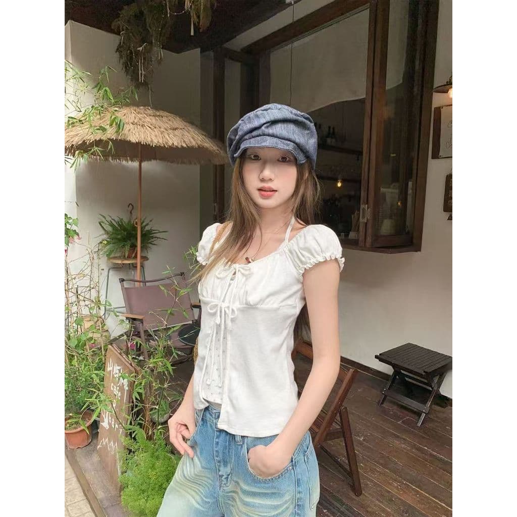 Veewink เสื้อยืดแขนพอง ผูกคอ ลายดอกไม้ ลูกไม้ระบาย ลุคใสเซ็กซี่ สาวหวาน รูปที่ 6