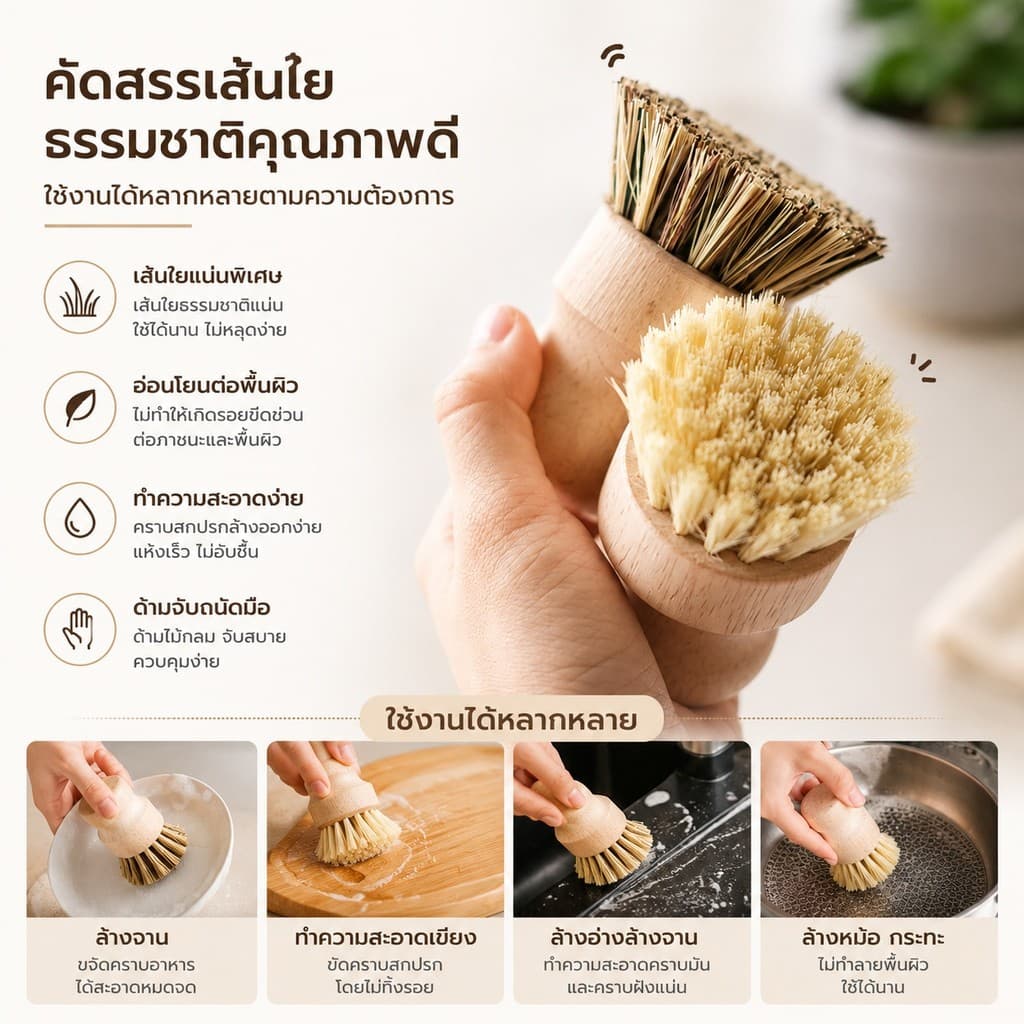 S00052 แปรงทำความสะอาด กระทะ หม้อ ด้ามไม้ ใยขัดทำจากเส้นใยพืช สไตล์มินิมอล รูปที่ 5