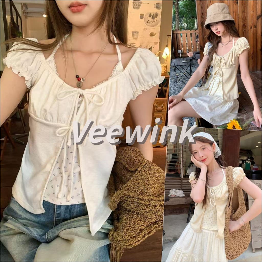 Veewink เสื้อยืดแขนพอง ผูกคอ ลายดอกไม้ ลูกไม้ระบาย ลุคใสเซ็กซี่ สาวหวาน รูปที่ 1