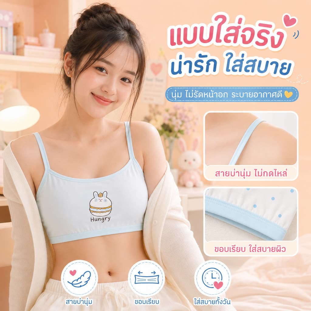 เสื้อกล้ามบราเด็กผู้หญิง ผ้าฝ้าย ลายการ์ตูน ไร้โครง ไม่รัดอก ระบายอากาศดี อายุ 6-15 ปี รูปที่ 4