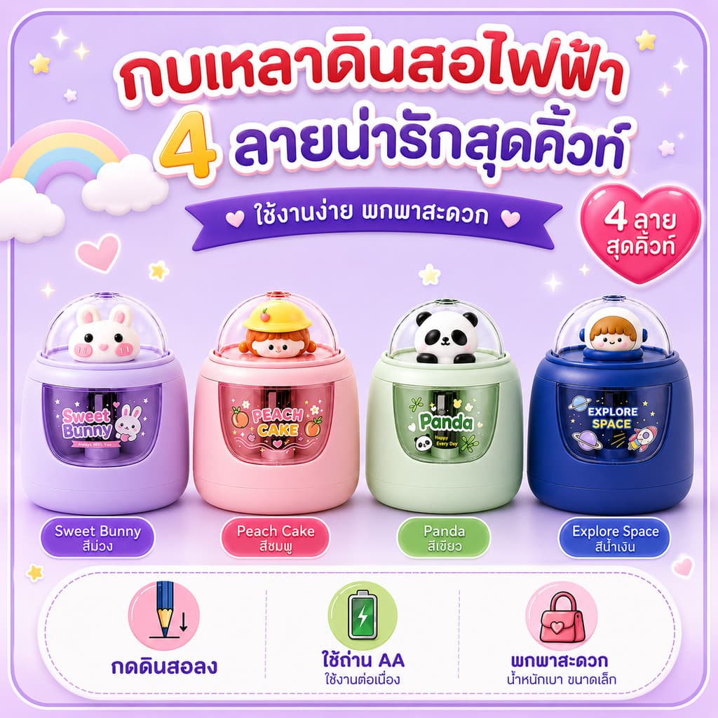 เครื่องเหลาดินสอไฟฟ้า ลายน่ารัก ใช้ถ่าน AA 3 ก้อน กบเหลาดินสออัตโนมัติ สำหรับนักเรียน เครื่องเขียนเด็ก รูปที่ 2