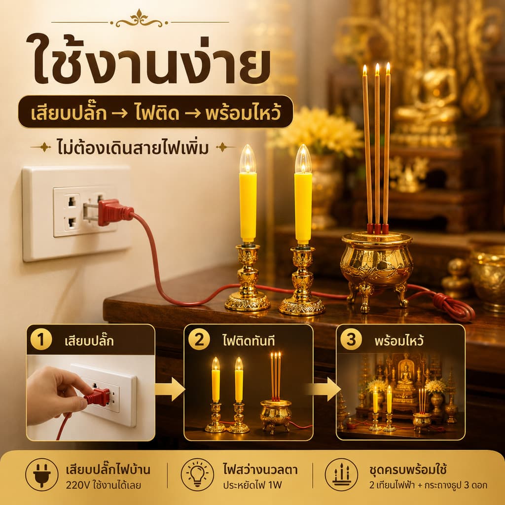 Superlamp ชุด เชิงเทียน ไฟฟ้า ขั้วเขี้ยว B15 พร้อม เทียน ยาว เหลือง 15W 220V รูปที่ 6