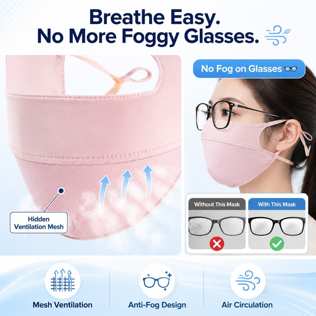 หน้ากากกันแดดผ้าไหมน้ำแข็งUPF50+ ป้องกันUV 100%/ผู้หญิงฤดูร้อนผ้าไหมกันแดดเต็มหน้า/ป้องกันรังสียูวี ระบายอากาศดี สวมใส่สบาย/น้ำหนักเบา สัมผัสเหมือนผิวเปล่า/ซักได้และใช้ซ้ำได้/สายยางยืดนุ่ม ปรับได้/ครอบหน้าสุด+คอ/ซิลิโคนนุ่มปิดจมูก/ใส่ขับรถ/เที่ยวทะเล​ รูปที่ 4