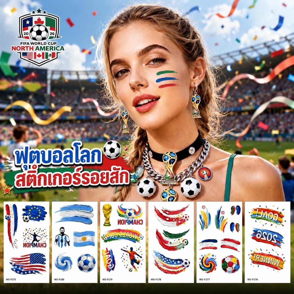 แทททูฟุตบอลโลก สติ๊กเกอร์ติดหน้า รอยสัก กันน้ำ กันเหงื่อ 100% ลายธงนานาชาติและอาเซี่ยน AEC รูปที่ 1