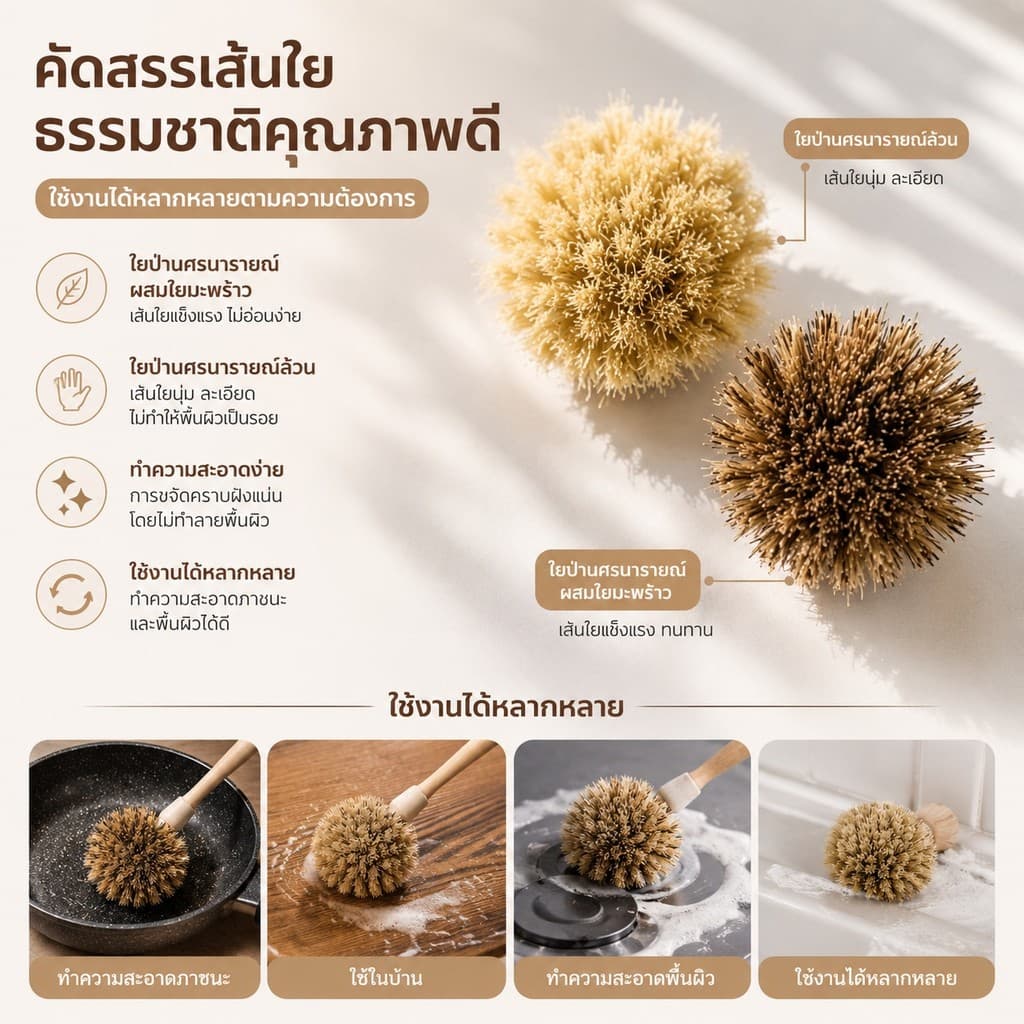 S00052 แปรงทำความสะอาด กระทะ หม้อ ด้ามไม้ ใยขัดทำจากเส้นใยพืช สไตล์มินิมอล รูปที่ 4