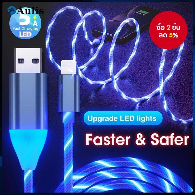 3A LED Glow USB Cable 1M – สายชาร์จน้ําไหลส่องสว่างสําหรับ Micro USB และ Type-C, สายเคเบิลข้อมูลชาร์จเร็ว รูปที่ 1