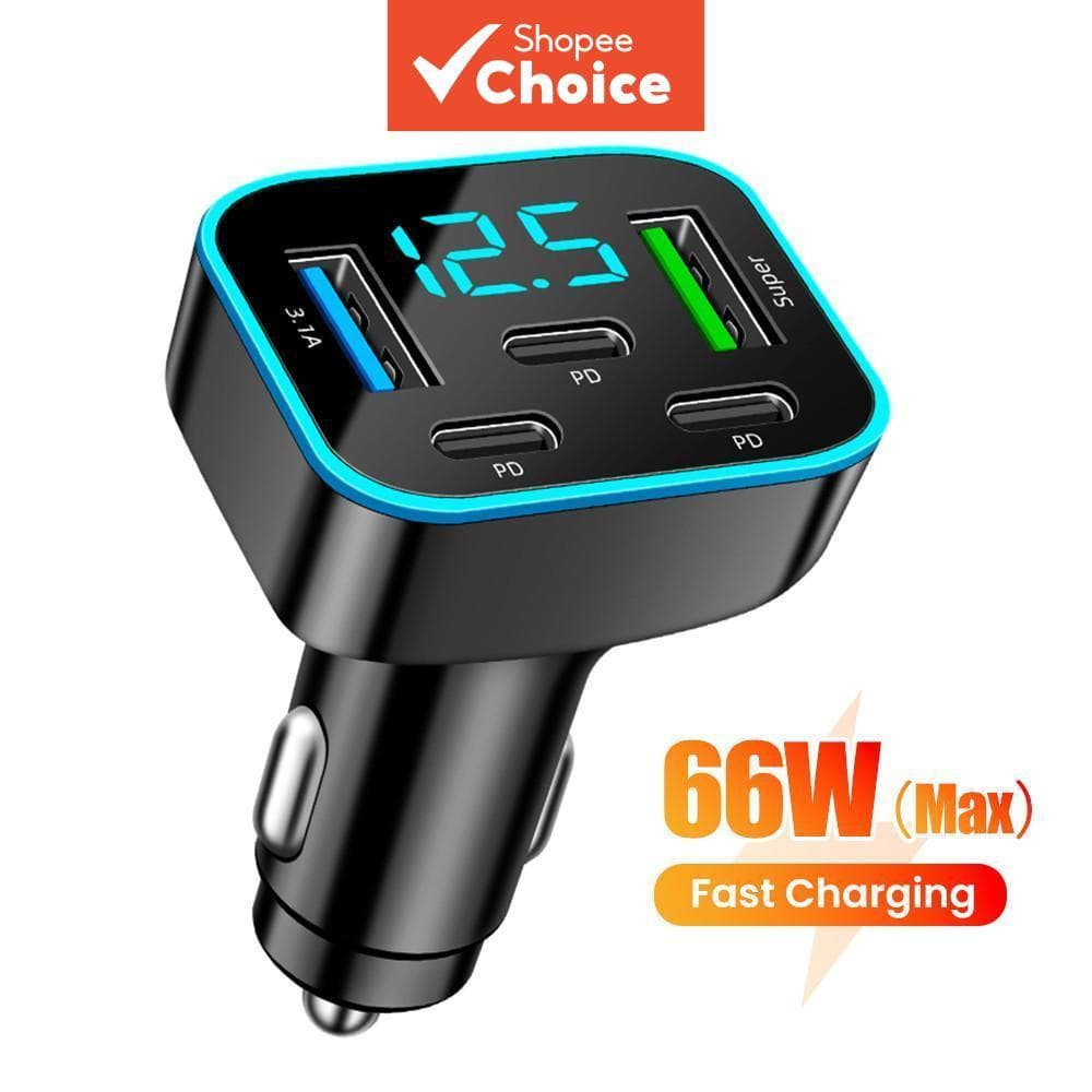 ที่ชาร์จในรถยนต์แบบ 5 พอร์ต 66W ชาร์จเร็ว 2USB 3Type C PD QC3.0 อะแดปเตอร์ชาร์จโทรศัพท์ในรถ รูปที่ 1