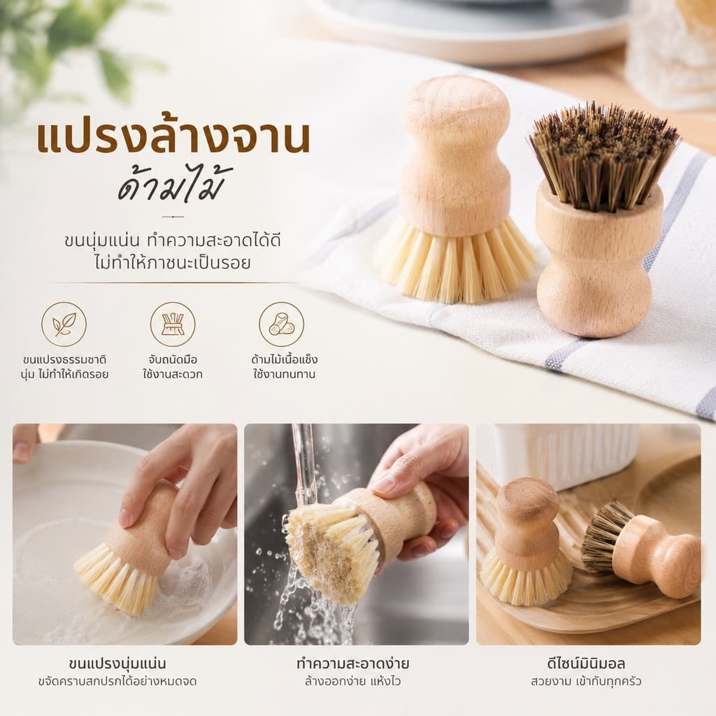 S00052 แปรงทำความสะอาด กระทะ หม้อ ด้ามไม้ ใยขัดทำจากเส้นใยพืช สไตล์มินิมอล รูปที่ 7