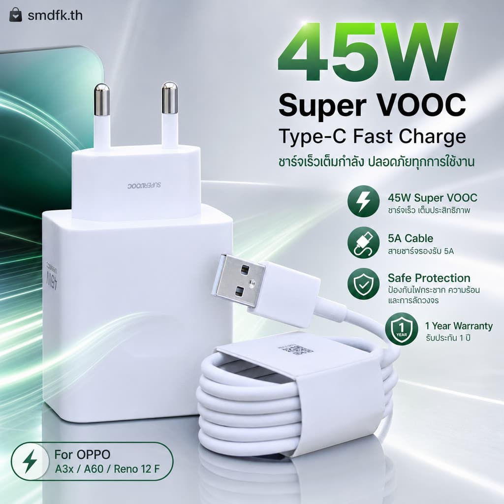 ชุดชาร์จ OPPO 45W Super VOOC 2.0 Type-C พร้อมสาย 5A 1/2ม. ชาร์จเร็ว สำหรับ A3x A60 Reno 12 F รับประกัน 1ปี รูปที่ 1