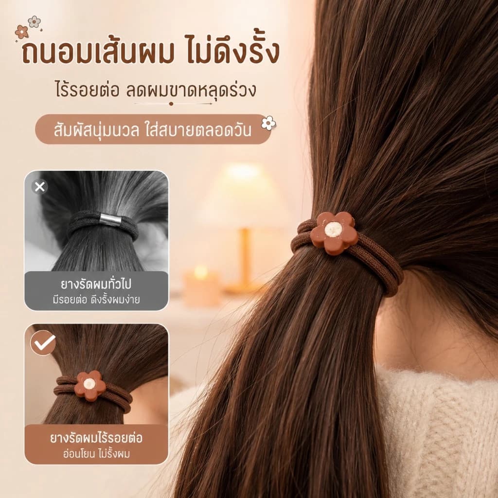 OwlSpot ยางมัดผมสไตล์เกาหลี 5 ชิ้น แฮนด์เมด ยืดหยุ่นสูงสุด ทนทาน สีดำ สำหรับผมทุกประเภท รูปที่ 6