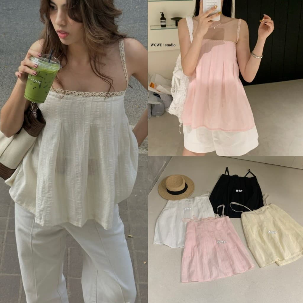 W9432 เสื้อสายเดี่ยว แต่งสายลูกไม้ งานเก๋มากๆค่า ผ้าดีใส่สบาย แฟชั่นเกาหลี TAG WG.WE รูปที่ 1