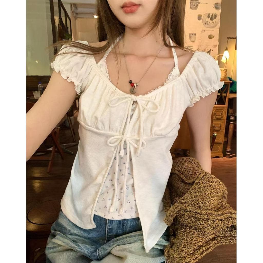 Veewink เสื้อยืดแขนพอง ผูกคอ ลายดอกไม้ ลูกไม้ระบาย ลุคใสเซ็กซี่ สาวหวาน รูปที่ 3