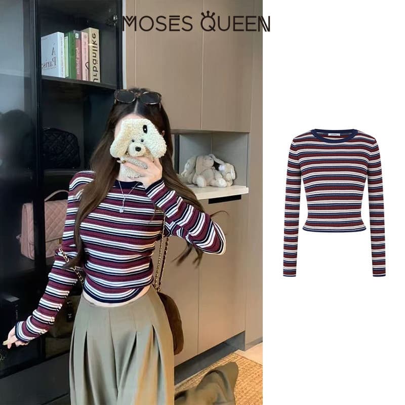 MOSESQUEEN เสื้อสูงสุดแบบคอเปียก ลายเส้นดินเผา รูปแบบสกรีน ผ้าบาง ตัวเตี้ย แขนยาว สำหรับผู้หญิง รูปแบบเรโทร ใส่สบายในชีวิตประจำวัน เหมาะสำหรับเดินทางทั่วเมือง ใช้ได้ทั้งในและนอกบ้าน #59895 รูปที่ 2
