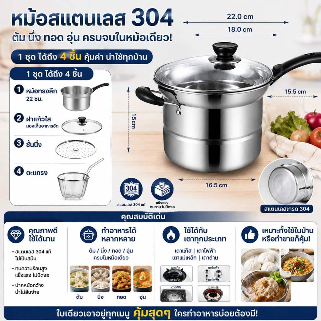 ส่งทันที 3in1 หม้อสแตนเลส หม้ออเนกประสงค์ ทอด/อุ่น/ต้ม/นึ่ง ใบเดียวเอาอยู่ทุกเมนู คุ้มสุดๆ ใช้กับเตาไฟฟ้าได้ รูปที่ 2
