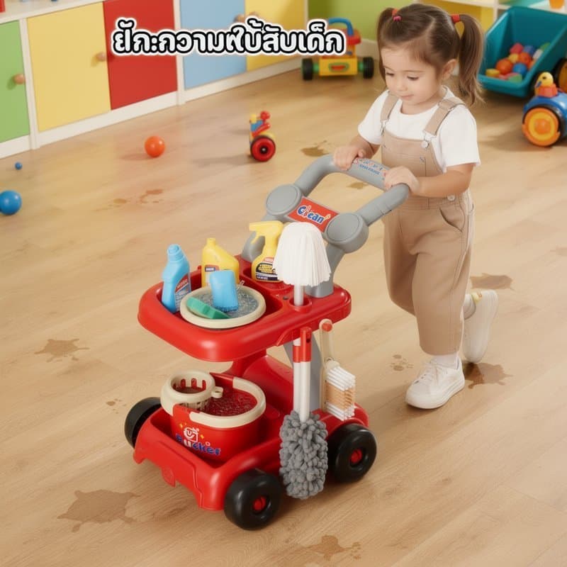 ชุดของเล่นทำความสะอาดเด็ก รถเข็นแม่บ้าน ดูดฝุ่นจำลอง ไม้กวาด ไม้ถูพื้น ของเล่นเสริมทักษะ รูปที่ 4