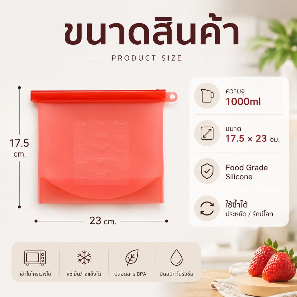 Home007 ถุงซิลิโคนใส่อาหาร 1000ml. สูญญากาศ สำหรับใส่อาหาร เก็บอาหาร ช่วยรักษาความสดใหม่ ฟู้ดเกรด รูปที่ 2