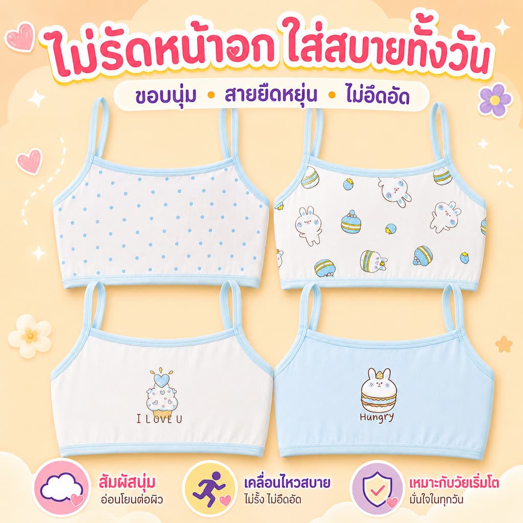 เสื้อกล้ามบราเด็กผู้หญิง ผ้าฝ้าย ลายการ์ตูน ไร้โครง ไม่รัดอก ระบายอากาศดี อายุ 6-15 ปี รูปที่ 1