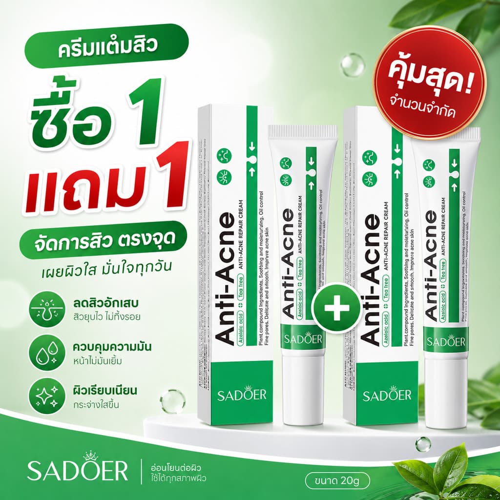 ซื้อ 1 แถม 1 SADOER ครีมลดปัญหาสิว เนื้อครีม ขนาด20กรัม บำรุงผิวหนัง ผลิตภัณฑ์บำรุงผิวหน้า สูตรสำหรับผิวเป็นสิวง่าย รูปที่ 1