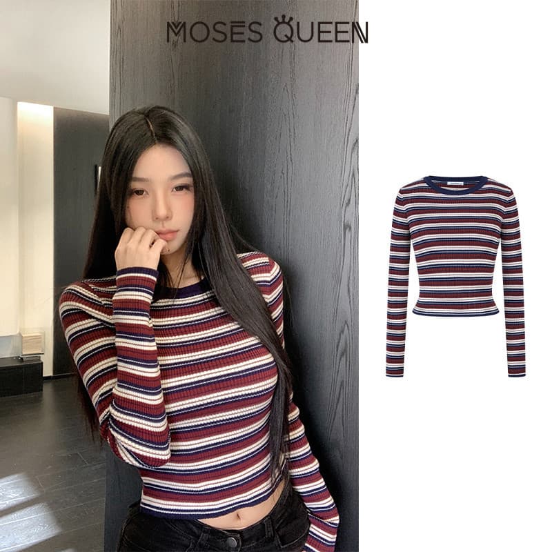 MOSESQUEEN เสื้อสูงสุดแบบคอเปียก ลายเส้นดินเผา รูปแบบสกรีน ผ้าบาง ตัวเตี้ย แขนยาว สำหรับผู้หญิง รูปแบบเรโทร ใส่สบายในชีวิตประจำวัน เหมาะสำหรับเดินทางทั่วเมือง ใช้ได้ทั้งในและนอกบ้าน #59895 รูปที่ 4