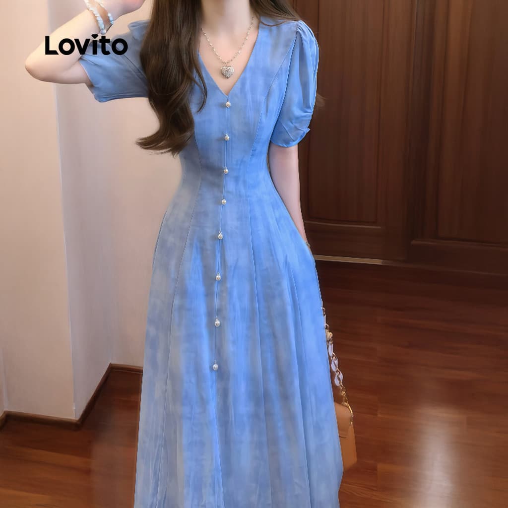 Lovito สง่างาม ชุดเดรสลําลองติดกระดุม สําหรับผู้หญิง สีฟ้า แฟชั่นฤดูใบไม้ผลิ ฤดูร้อน L158AD190 รูปที่ 2