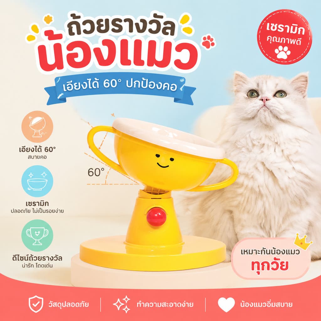ชามสัตว์เลี้ยงสูง ถ้วยข้าวแมว ชามเซรามิกสัตว์เลี้ยง ปรับระดับความสูงได้ สไตล์ถ้วยรางวัล สุนัขและแมว รูปที่ 1