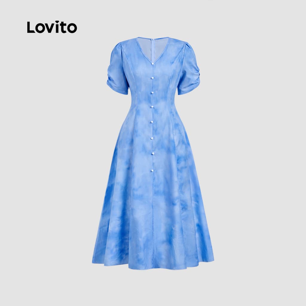 Lovito สง่างาม ชุดเดรสลําลองติดกระดุม สําหรับผู้หญิง สีฟ้า แฟชั่นฤดูใบไม้ผลิ ฤดูร้อน L158AD190 รูปที่ 4