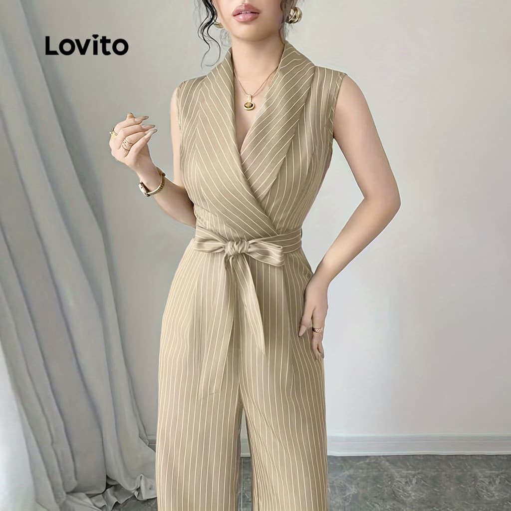 Lovito แพทเทิร์นจัมป์สูทลําลองแบบผูกเชือกสําหรับฤดูใบไม้ผลิ/ฤดูร้อนสําหรับผู้หญิง สีคากิ LK4AD415 รูปที่ 2