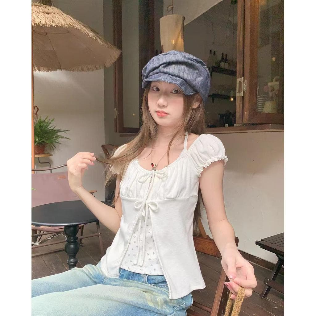 Veewink เสื้อยืดแขนพอง ผูกคอ ลายดอกไม้ ลูกไม้ระบาย ลุคใสเซ็กซี่ สาวหวาน รูปที่ 7