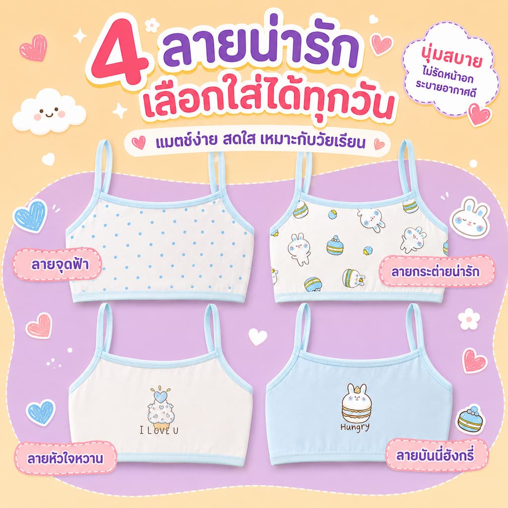 เสื้อกล้ามบราเด็กผู้หญิง ผ้าฝ้าย ลายการ์ตูน ไร้โครง ไม่รัดอก ระบายอากาศดี อายุ 6-15 ปี รูปที่ 5