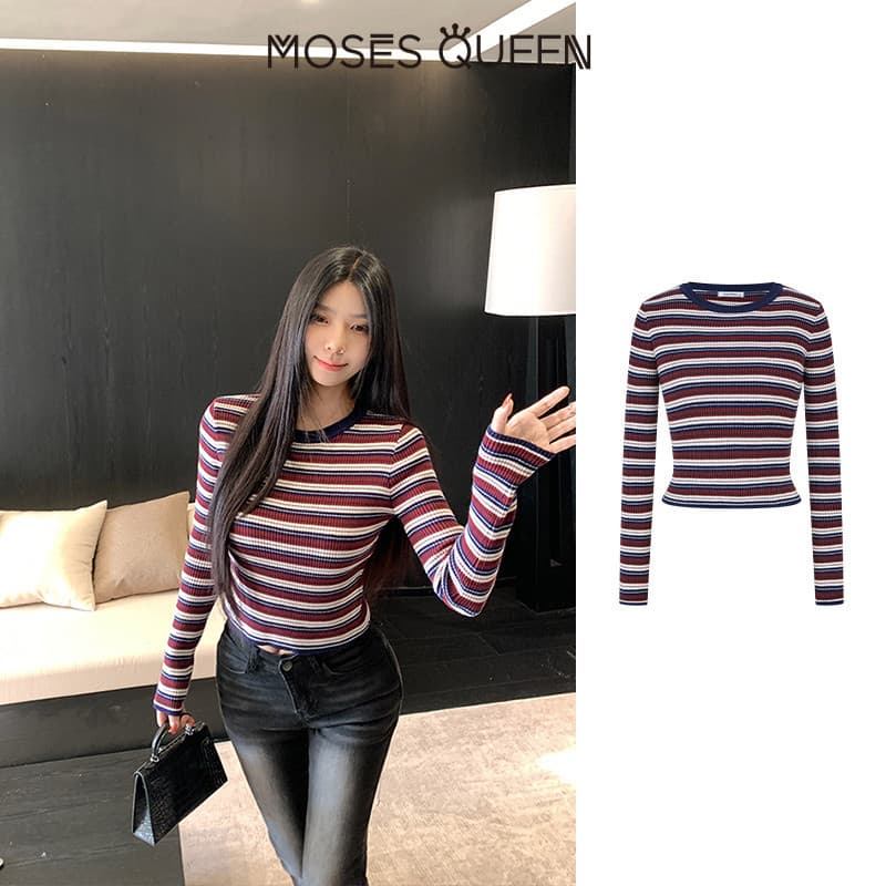 MOSESQUEEN เสื้อสูงสุดแบบคอเปียก ลายเส้นดินเผา รูปแบบสกรีน ผ้าบาง ตัวเตี้ย แขนยาว สำหรับผู้หญิง รูปแบบเรโทร ใส่สบายในชีวิตประจำวัน เหมาะสำหรับเดินทางทั่วเมือง ใช้ได้ทั้งในและนอกบ้าน #59895 รูปที่ 5