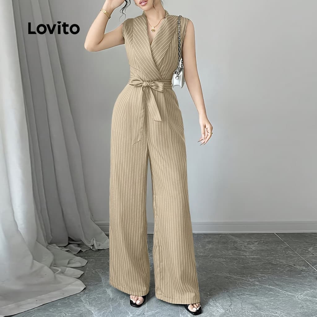 Lovito แพทเทิร์นจัมป์สูทลําลองแบบผูกเชือกสําหรับฤดูใบไม้ผลิ/ฤดูร้อนสําหรับผู้หญิง สีคากิ LK4AD415 รูปที่ 3