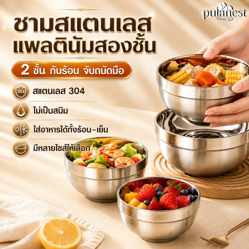 ถ้วยสแตนเลส2ชั้นสไตล์เกาหลี 5ขนาด กันร้อน-กันเย็น ใช้ใส่ข้าว-ซุป-อาหาร ทนทานปลอดภัย รูปที่ 1