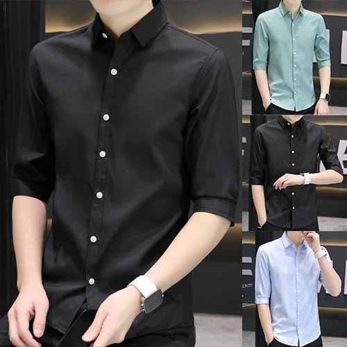 เสื้อแขน3/4ผู้ชาย ลายสไตล์เกาหลี สลิมฟิต ผ้าไหมน้ำแข็ง เหมาะสำหรับใส่ทำงานหรือลำลอง รูปที่ 1