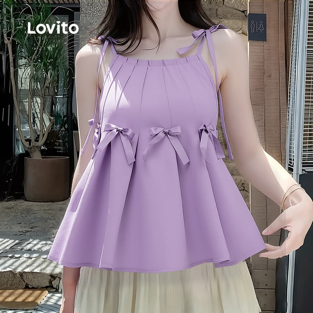 Lovito แคชชวล เสื้อเชิ้ตผู้หญิง ดีไซน์ผูกเชือกด้านหน้า ฤดูใบไม้ผลิ/ฤดูร้อน สีม่วง L171ED514 รูปที่ 2