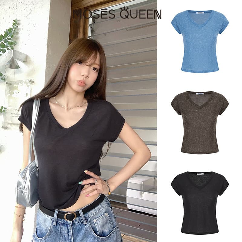 < MOSESQUEEN > มอสส์ ราชินี เสื้อยืดคอวีแขนสั้นหลากสีทรงหลวมสําหรับฤดูร้อนเหมาะกับการลดอายุและชุดลําลอง #63719 รูปที่ 3
