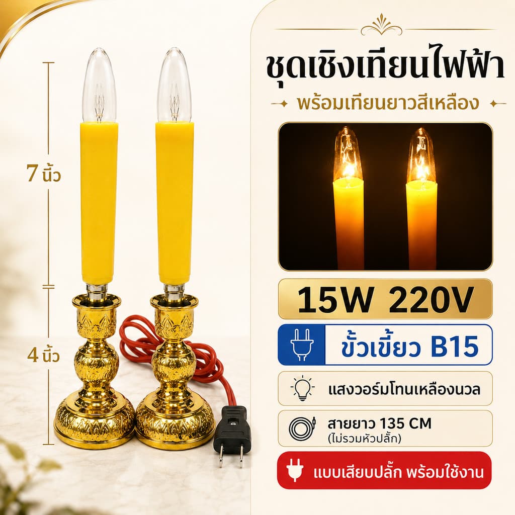Superlamp ชุด เชิงเทียน ไฟฟ้า ขั้วเขี้ยว B15 พร้อม เทียน ยาว เหลือง 15W 220V รูปที่ 1