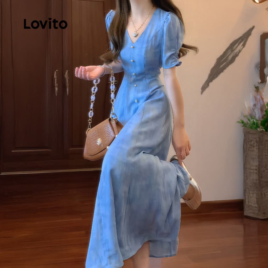 Lovito สง่างาม ชุดเดรสลําลองติดกระดุม สําหรับผู้หญิง สีฟ้า แฟชั่นฤดูใบไม้ผลิ ฤดูร้อน L158AD190 รูปที่ 3